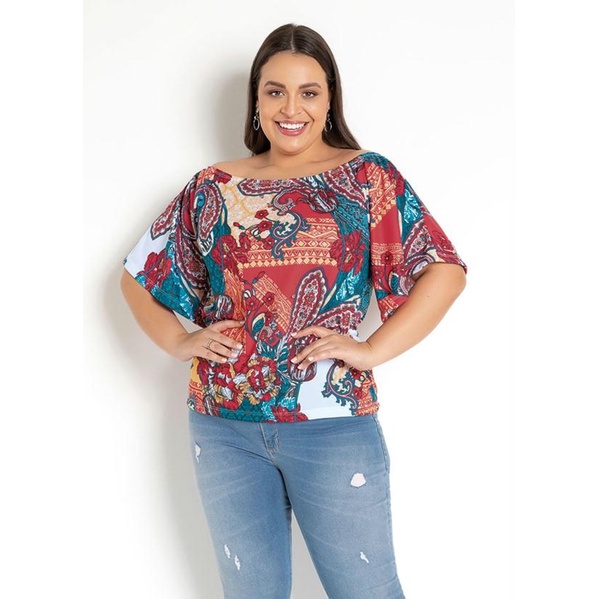 Blusa Feminina Ombro a Ombro Raglan Estampada Hippie Plus Size Soltinha Confortável