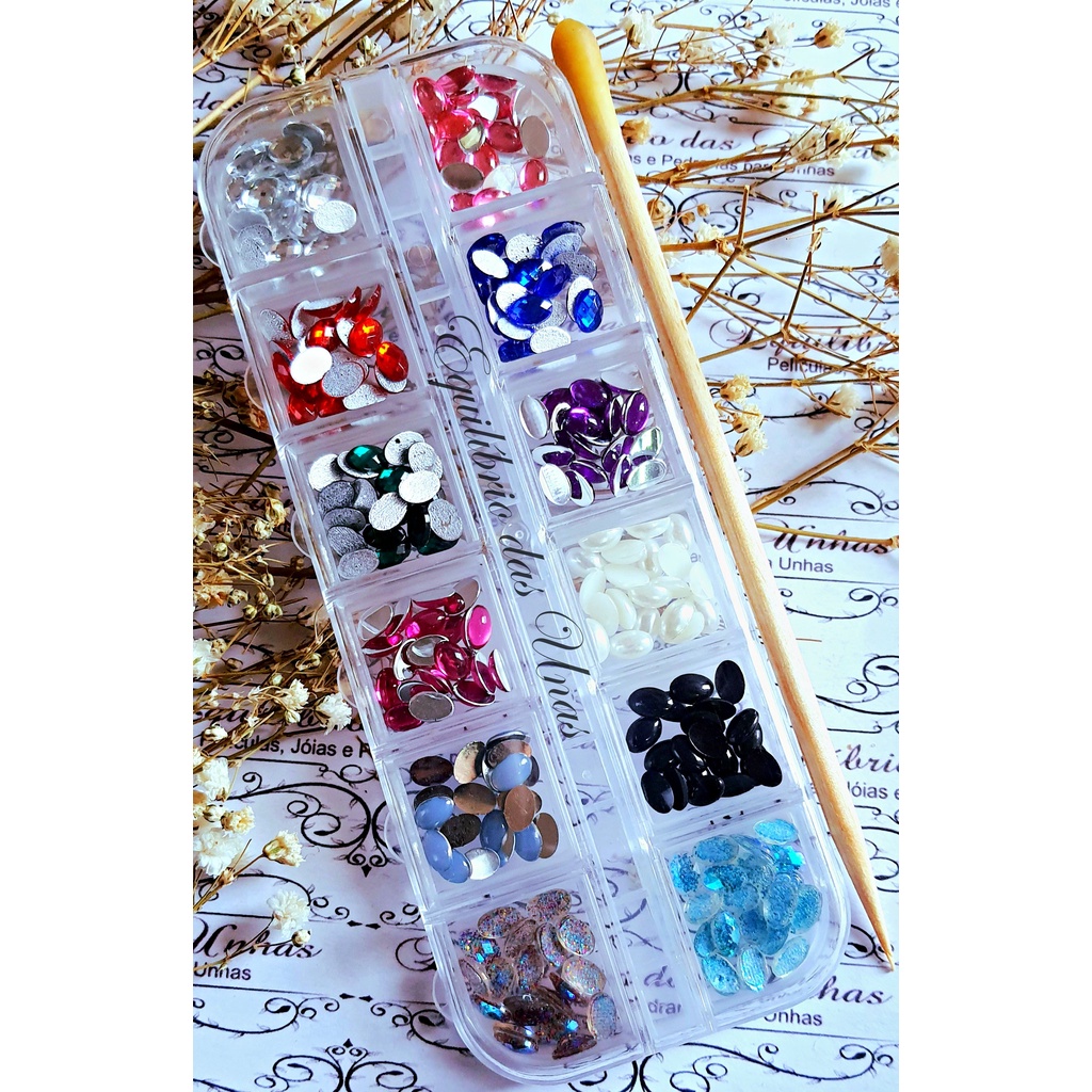 Kit Pedras Ovais 4x6mm (240 unidades) - CAIXINHA DE BRINDE + PALITO PEGA STRASS BRINDE - Pedraria de Unha para Nail desi