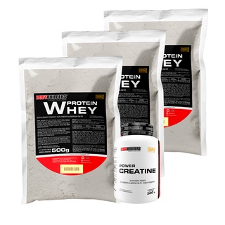Kit 3x Whey Protein Concentrado em Blend Proteico 500g + Power Creatina 300g - Ganho de Massa Muscular Magra - Bodybuilders