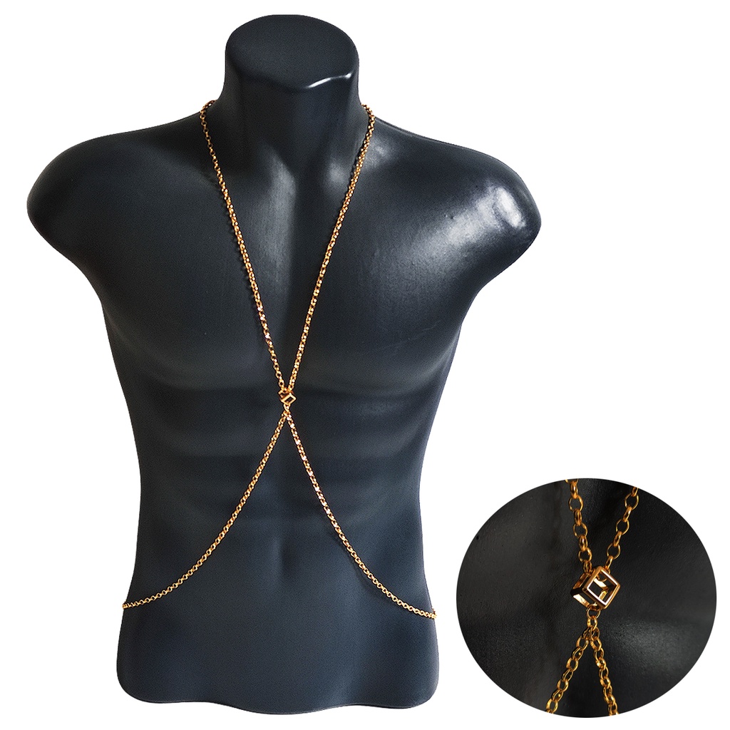 Body Chain Masculino Aço Original Model Slim Premium Dourado Pingente Cubo 3D Exclusivo Colar de Corpo Sexy