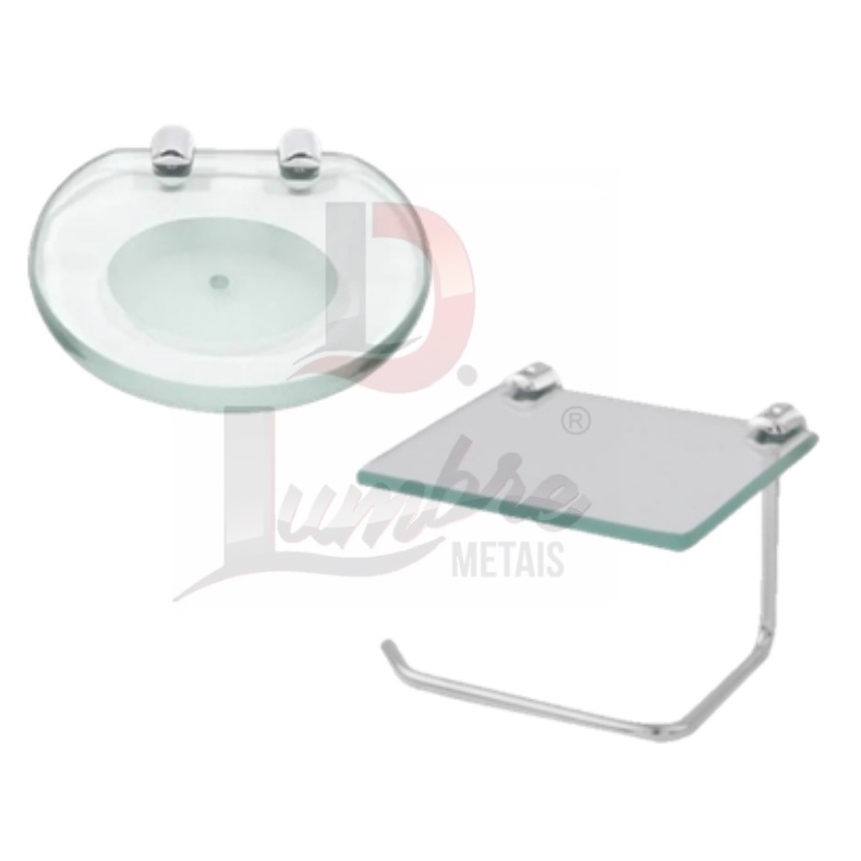 Kit Saboneteira Oval De Parede (Incolor 1 furo) Com Papeleira Com Prateleira / Suporte Para Celular(Incolor)
