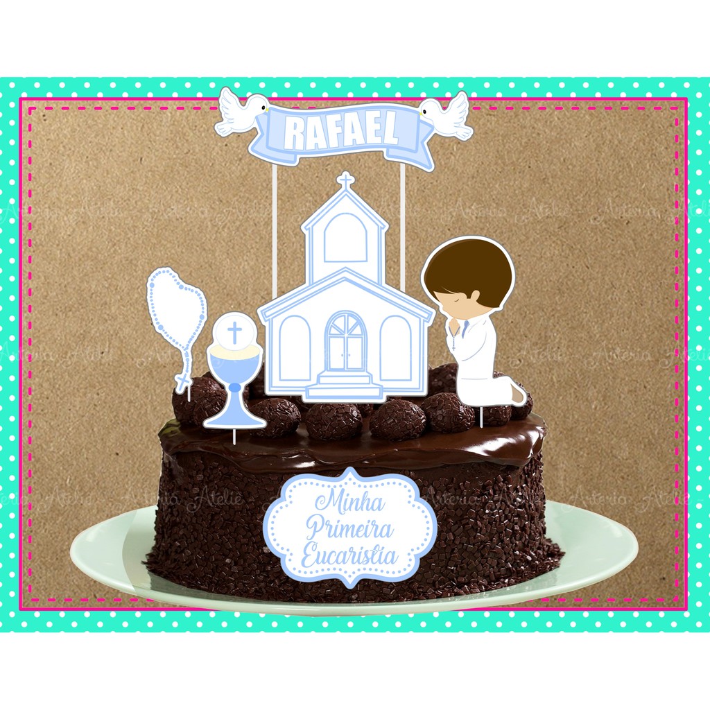 Aplique Tag Topo de Bolo Toper Cake Primeira Comunhão Eucaristia Menino Azul