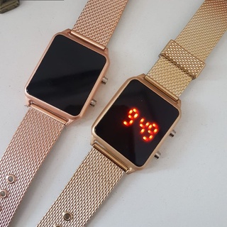 Relógio Feminino Digital Led Quadrado Dourado e Rose