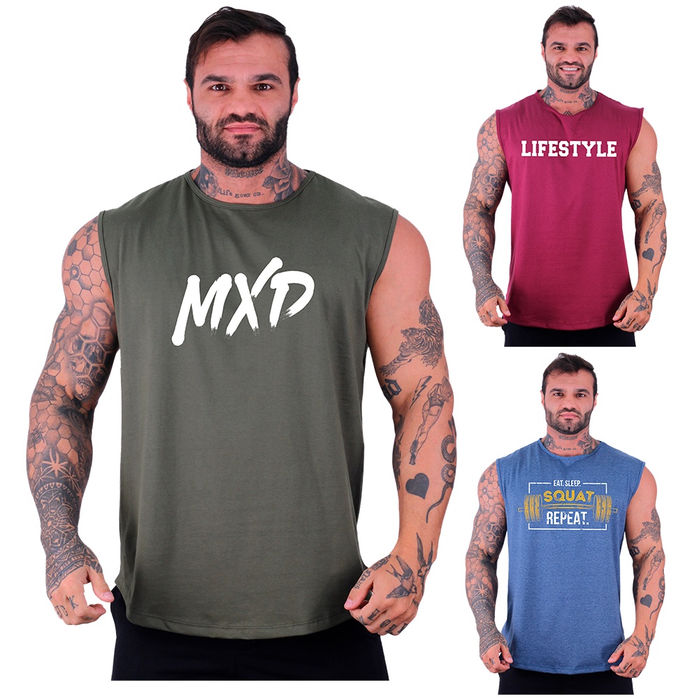 Kit 3 Regatas Machão Longline Masculina MXD Conceito Academia Musculação Casual Estampas Exclusivas
