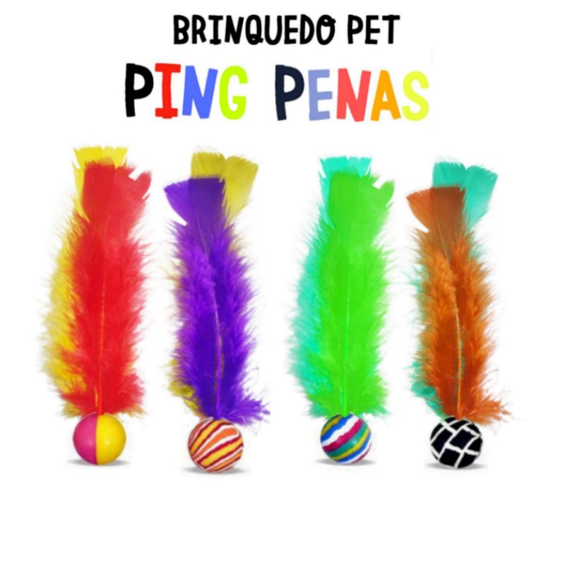 04pçs/Ping pena Bolinha pula pula com penas coloridas _ brinquedo Pet