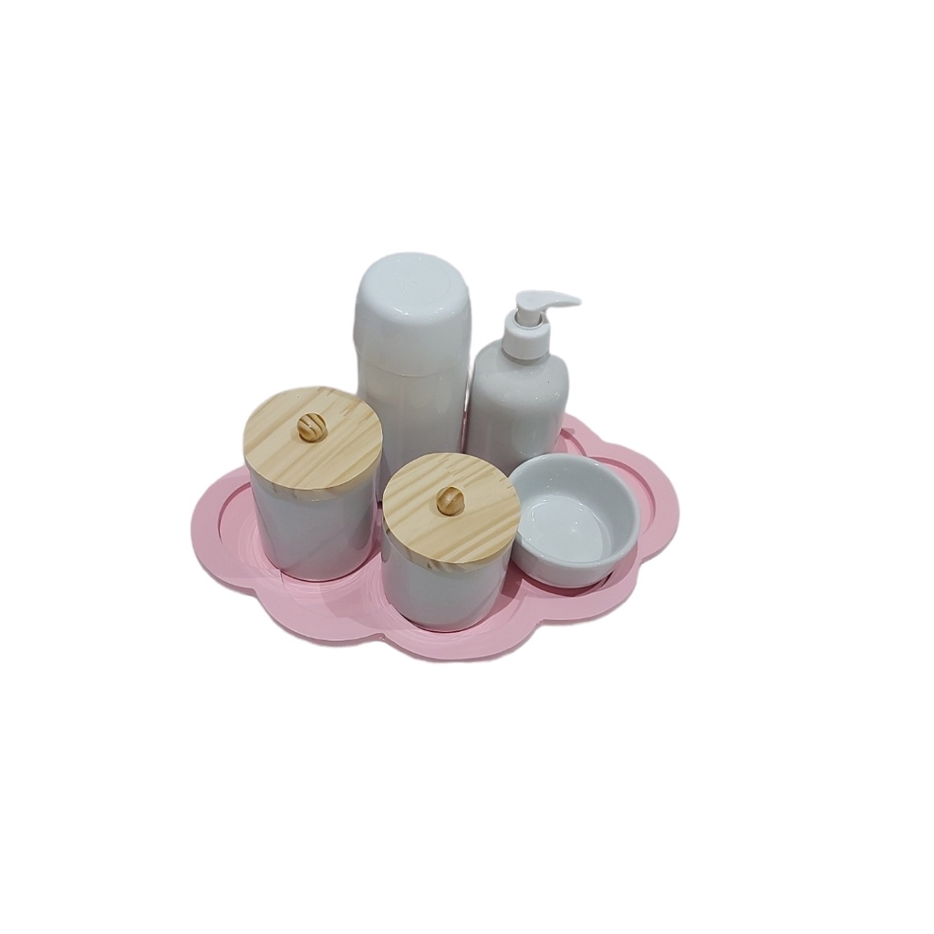 Kit Higiene Bebê Porcelana Branca 6 peças menina Potes Molhadeira Garrafa térmica bandeja rosa maternidade porta algodão cotonete