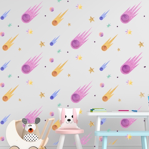 Adesivo de Parede Infantil Cometas Bolinhas e Estrelas Decorativo Menina
