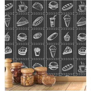Papel De Parede Azulejo Preto Com Desenhos Brancos Cozinha em Oferta na Shopee