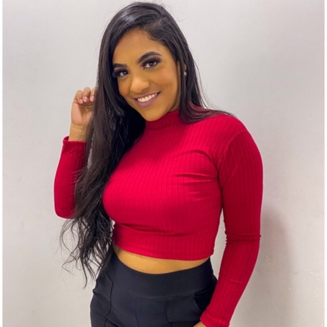 Cropped Gola Manga Longa Canelado Moda Inverno Gringa Minimalista Retrô