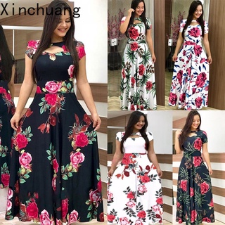 Vestido Longo Feminino Manga Curta Estampa Floral