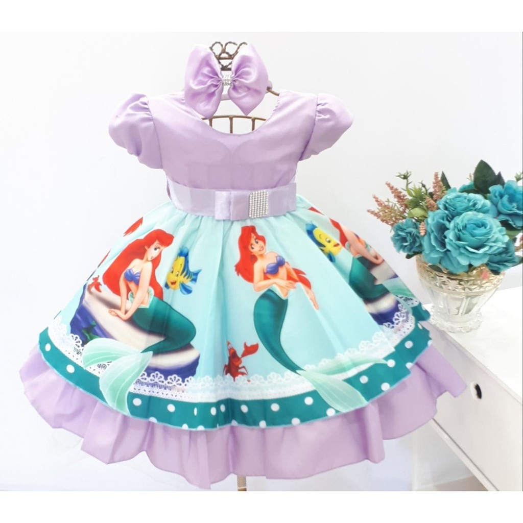 Vestido Pequena Sereia Verde Infantil Temático Ariel E Tiara Exclusivo