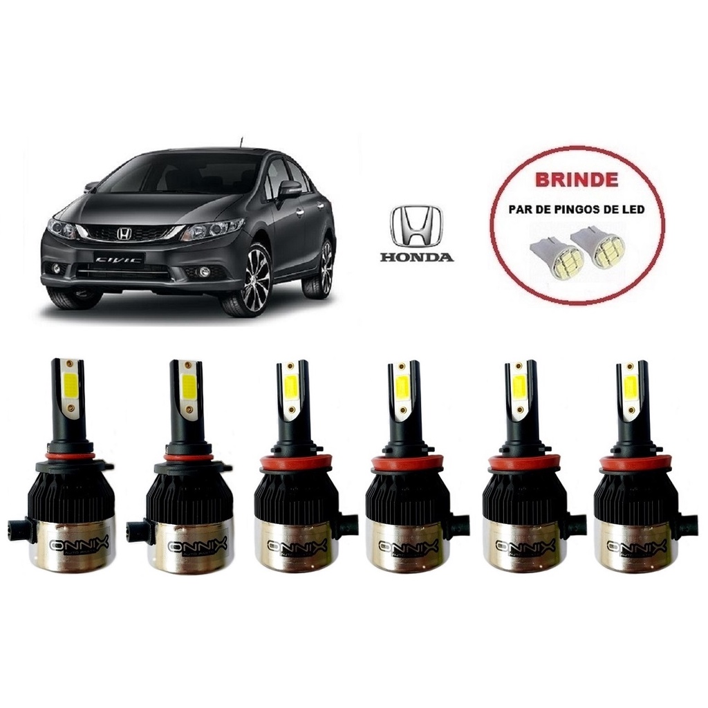 Kit 6 Lampadas Super Led para Farol Alto / Baixo e Milha Modelo HB3 E H11 com 6000k e 8000 lumens para Honda New Civic 2015 2016 2017 2018 2019 2020