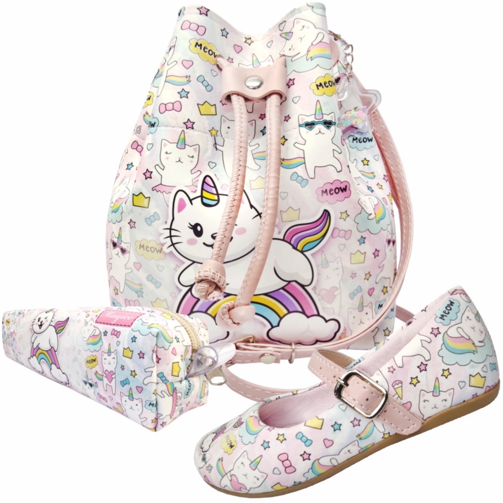 Kit Infantil Feminino Sapatilha Infantil Bolsa Infantil E Estojo Infantil Menina Gatinho Arco-Íris, Magicc Kids 1261