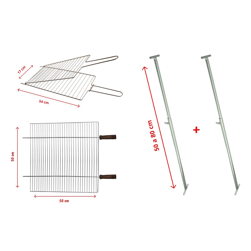 Kit Churrasqueira Grelha Média + Grelha Dupla Reta Pequena + Suporte Extensor Ajustável 5002/5101R/5500