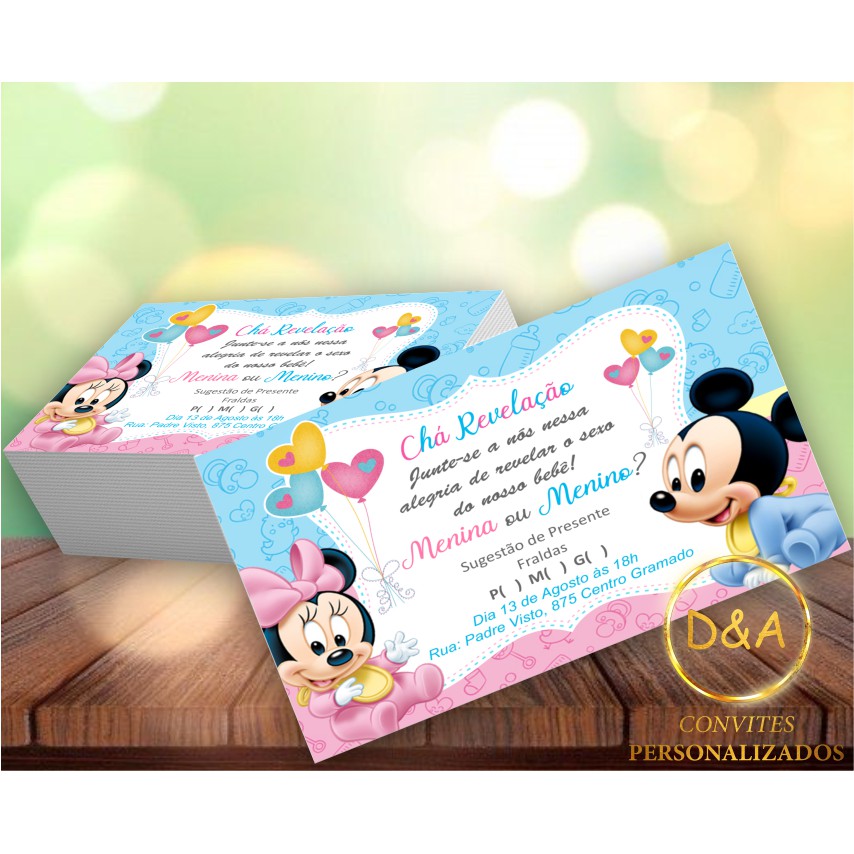15 Convites Personalizado Cha Revelacao Mickey E Minnie Shopee Brasil