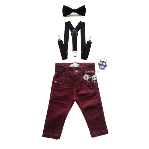 Roupa Infantil Calça Jeans Color Vinho Bordô com Suspensório Bebê Menino