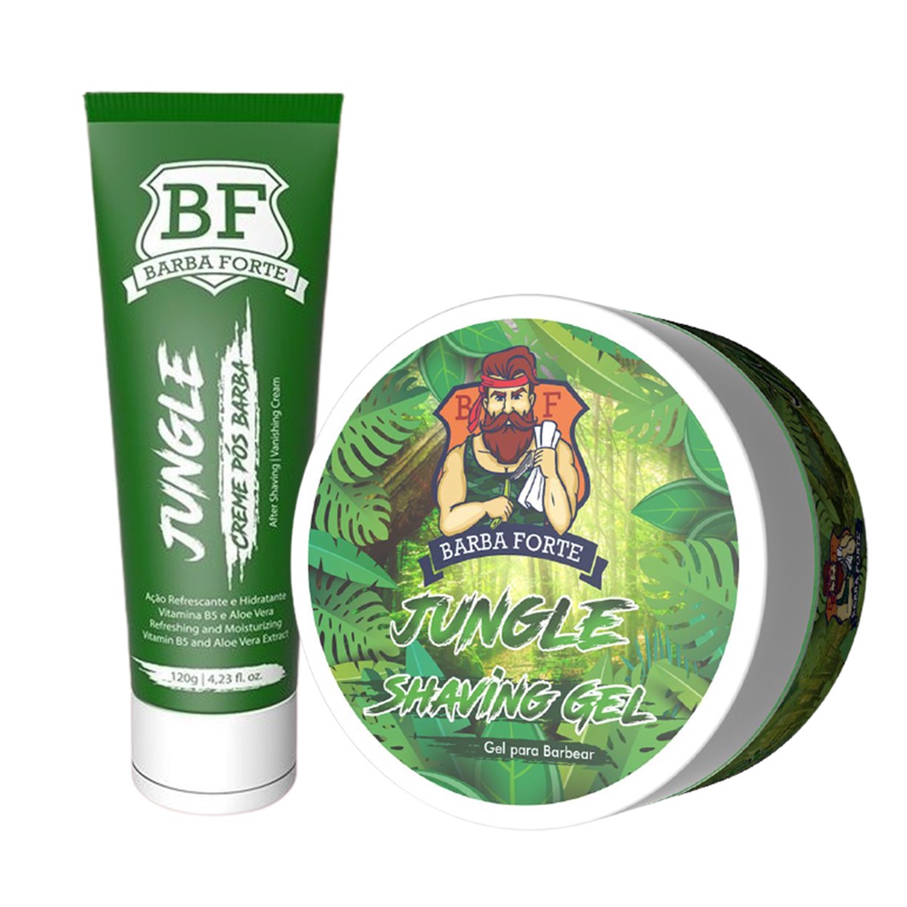 Kit Jungle Creme Pós Barba Hidratante Refrescante 120g + Shaving Gel Barbear Mentolado 170g Barba Forte