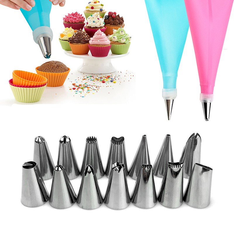 16 Pçs/Set Ferramentas De Decoração Do Bolo Bico De Aço Inoxidável 14 + Saco De Confeitar Silicone