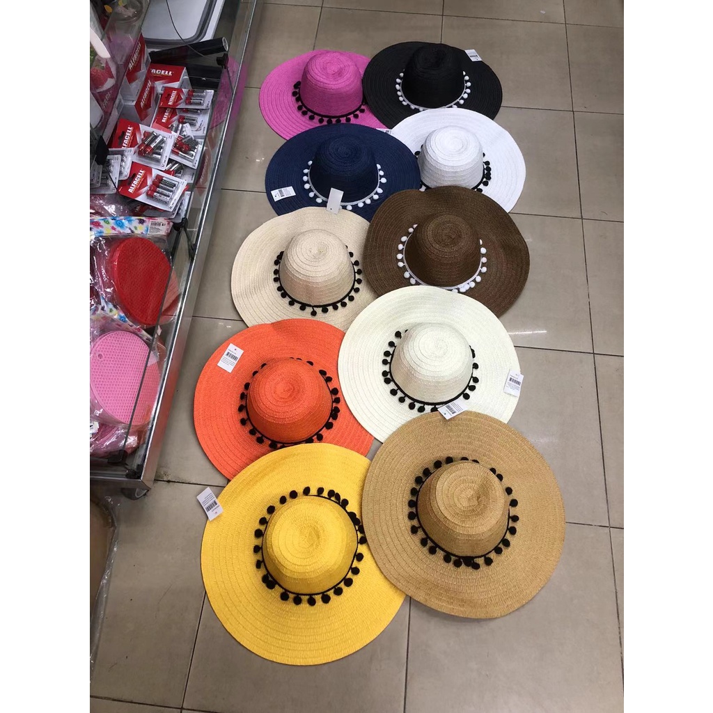 Chapéu De Praia Palha Sintética Com Fita Pompom Material Maleável M.G em Oferta na Shopee