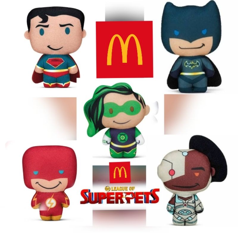 pelúcia coleção super pets MC donalds DC Comics action figure Super heróis Batman Superman flash lanterna verde ciborgue