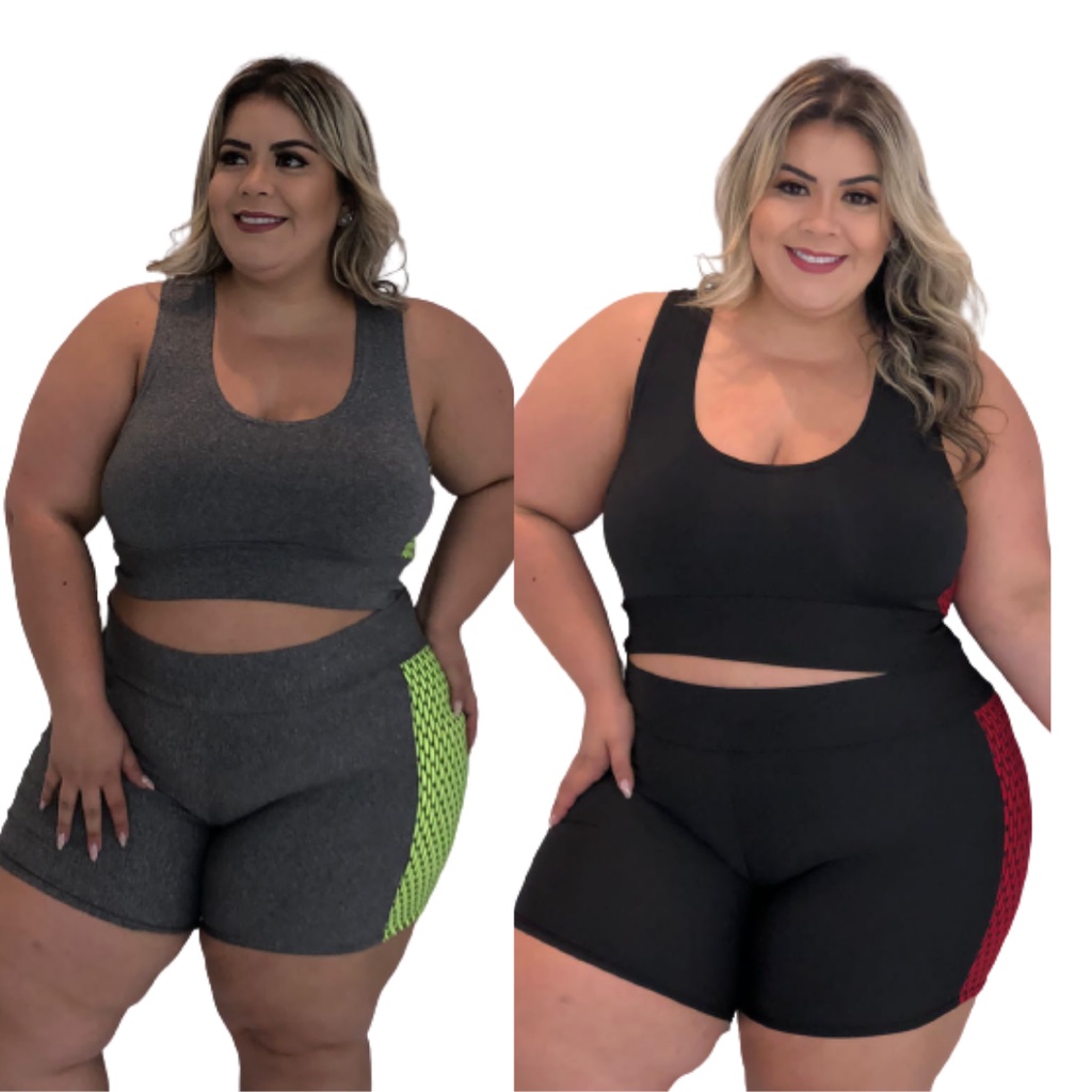 Kit 2 Conjuntos de Academia Fitness Plus Size Liso com Detalhes Laterais