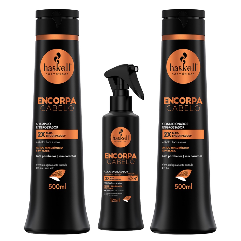 Kit Haskell Encorpa Cabelo Shampoo e Condicionador 500ml + Fluido Engrossador Protetor Térmico120ml