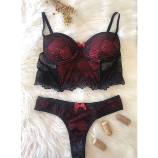 Novo Conjunto Lingerie Bojo Cropped Compridinho Renda Forrado Fio Dental Modinha Blogueira Sexy