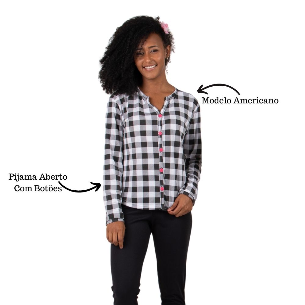 Pijama Feminino Xadrez Aberto Com Botoes Camisa e Calca Longa Para o Frio Modelo Americano - Women Clothes
