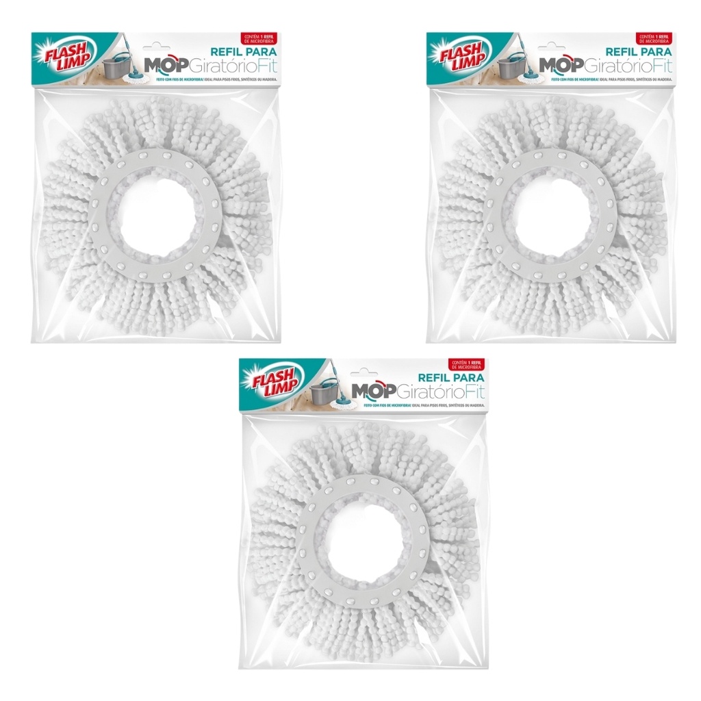 Kit 3 Refil Mop Fit 13,5cm Microfibra para Duas Aguas Fit Esfregão Giratório 360 RMOP5011 Flash Limp