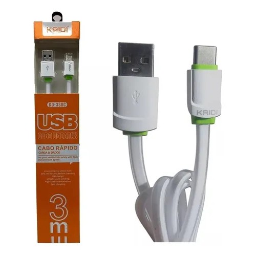 Cabo De Dados 3 Metros - Usb/tipo C Kaidi Kd330 Branco
