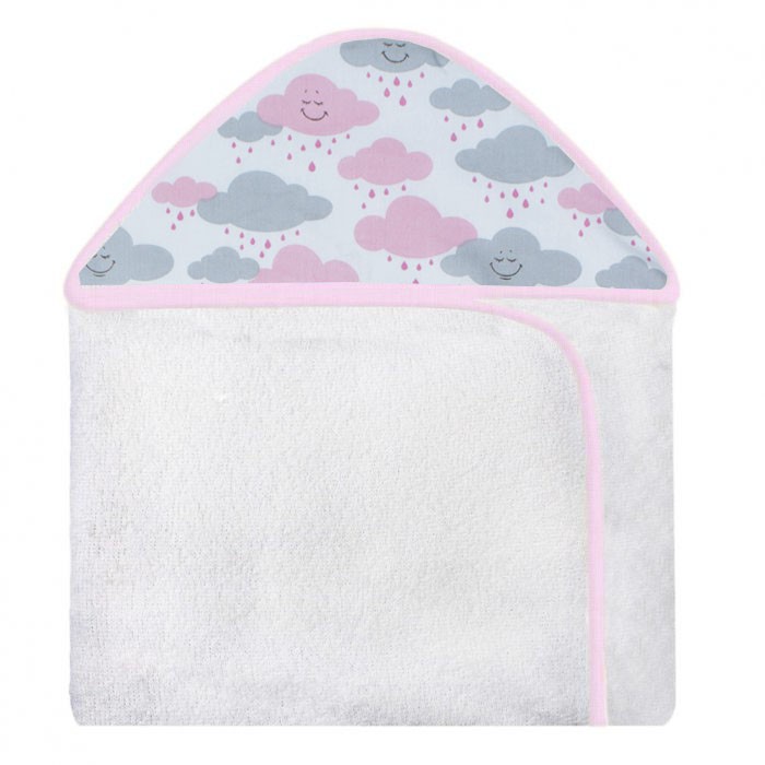 Toalha Com Capuz Estampado Nuvem Rosa Forrada Com Tecido Toalha Fralda 100% Algodão
