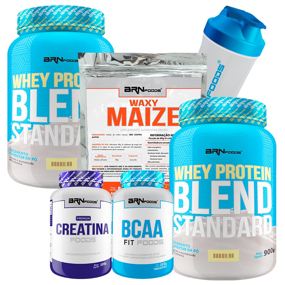 Kit 2x Whey Protein Blend Standard 900g + BCAA 100g + Premium Creatina 100g + Waxy Maize 800g + Coqueteleira - BRN FOODS