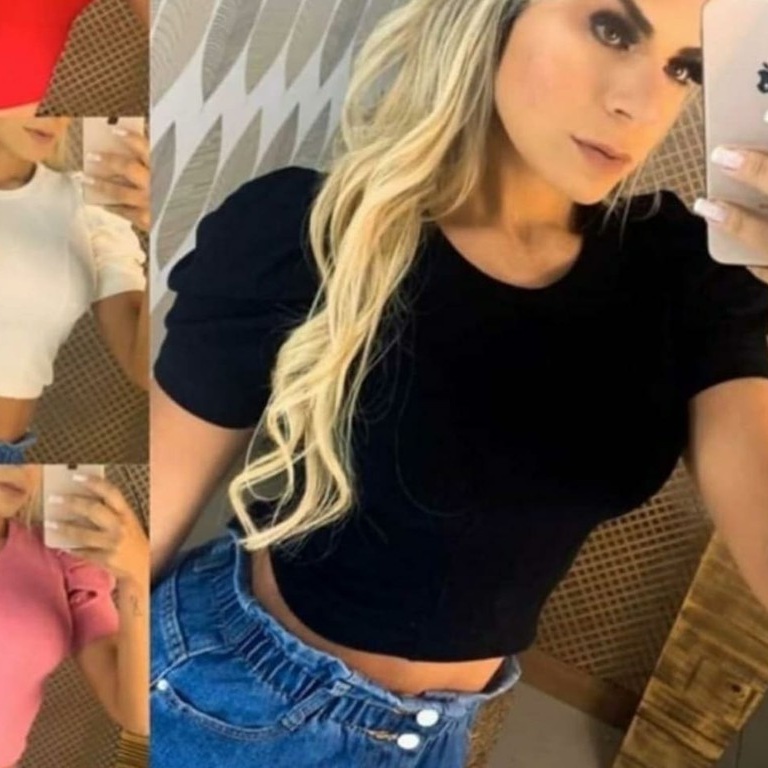 Blusa cropped feminino canelado manga curta bufante gola rasa confortável