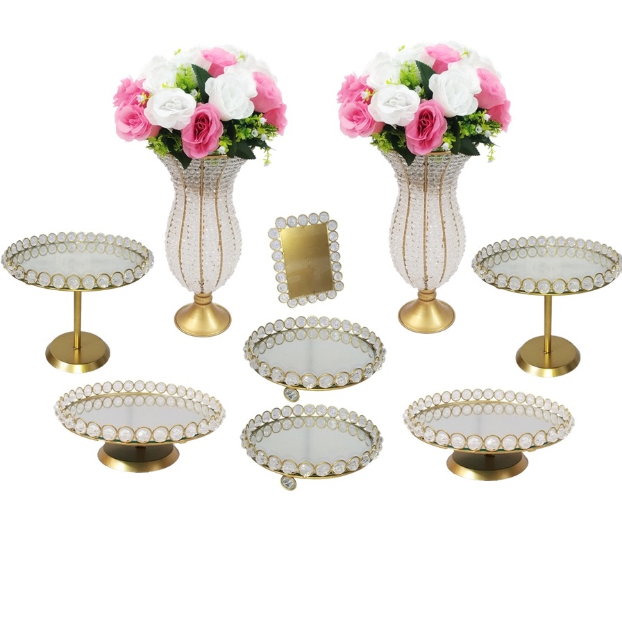 Kit Vaso Pedraria E Bandejas Com Espelhos 9 Peças Cristal Pérola  Luxo