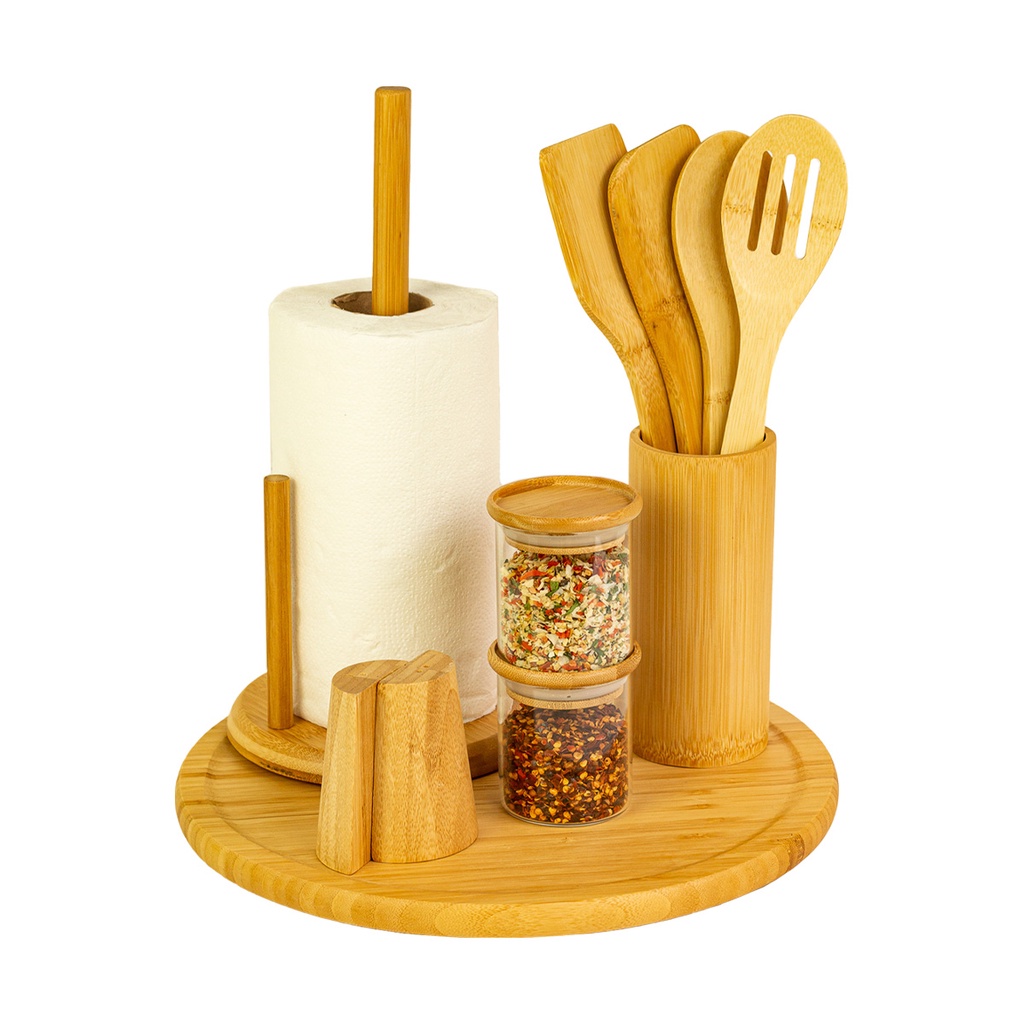 Kit Organizador De Bancada Com Utensílios De Bambu E Potes em Oferta na Shopee