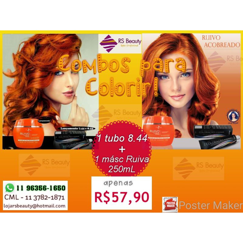 Máscara Matizadora Ruivo 250ml + Coloração 8.44 Louro Cl. Ruivo Intenso (Combo Mairibel)