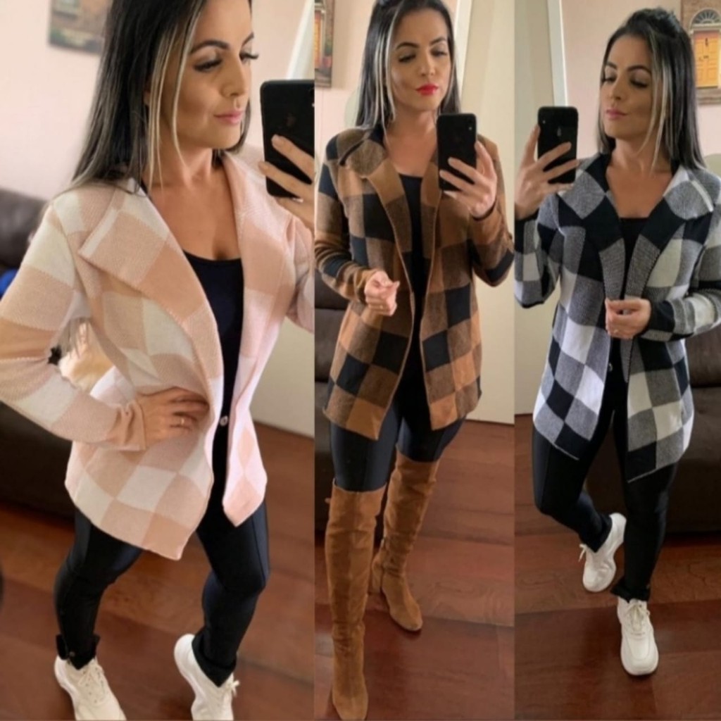 Kimono Cardigan Casaco em Trico Sobretudo Feminino Inverno xadrez em tricô kimono xadrez