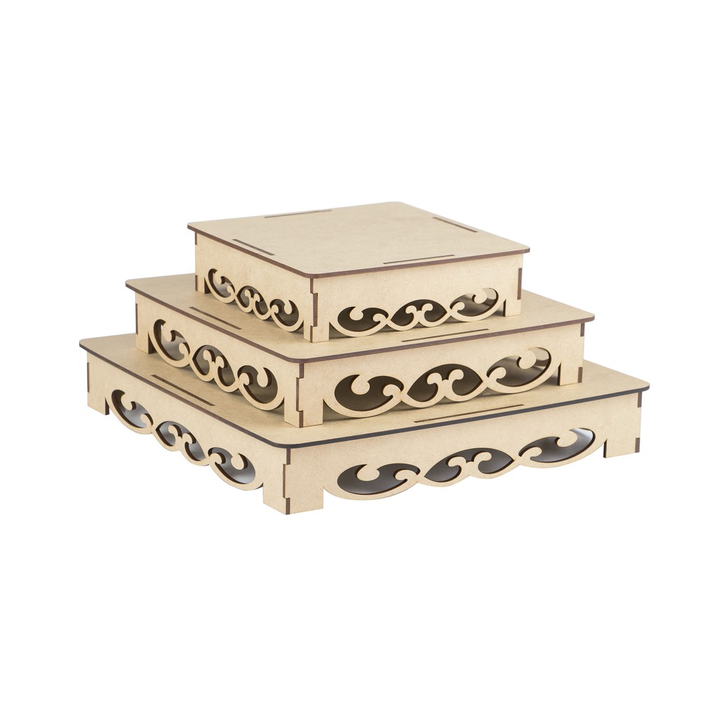 Trio De Bandejas Arabesco  Mdf Cru Festas Decoração mesa do bolo