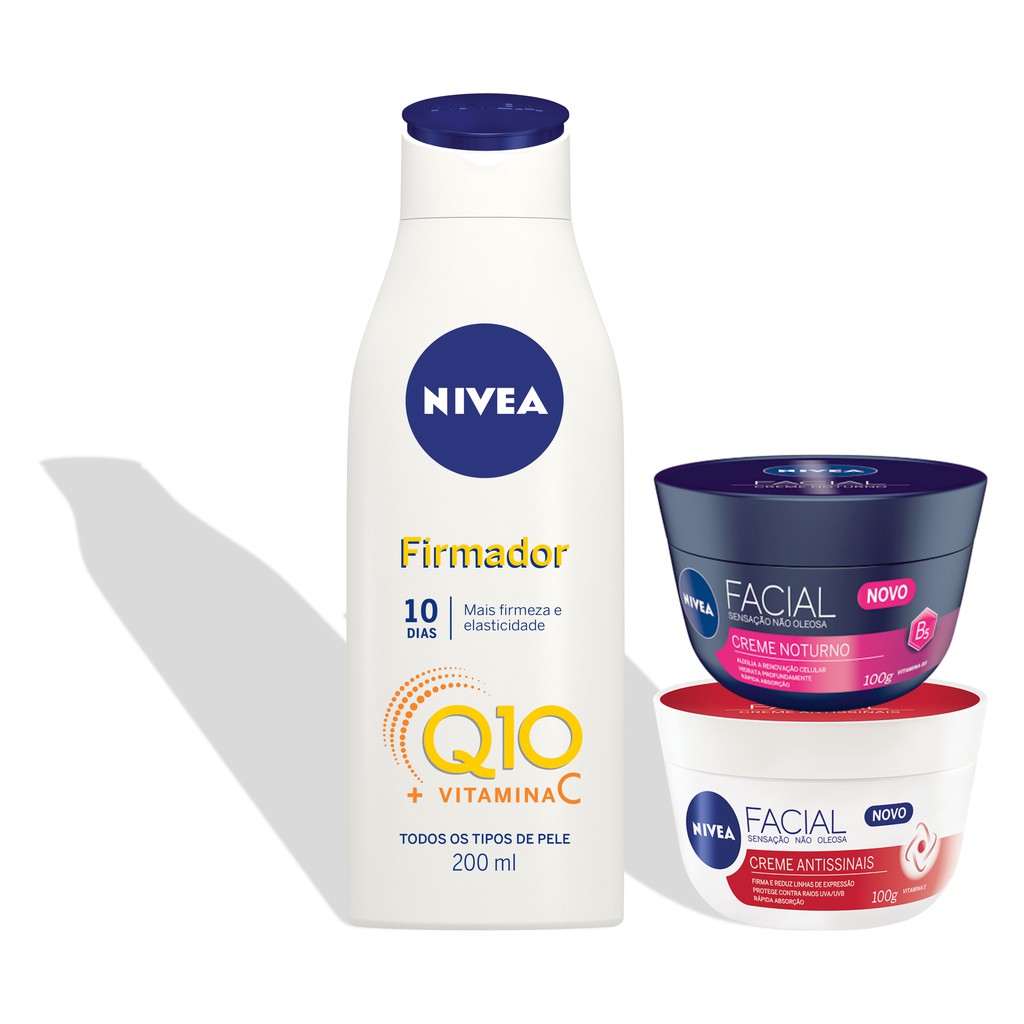 Loção Corporal Hidratante Firmador Q10 200ml Vitamina C + Nivea Creme Facial Antissinais e Noturno
