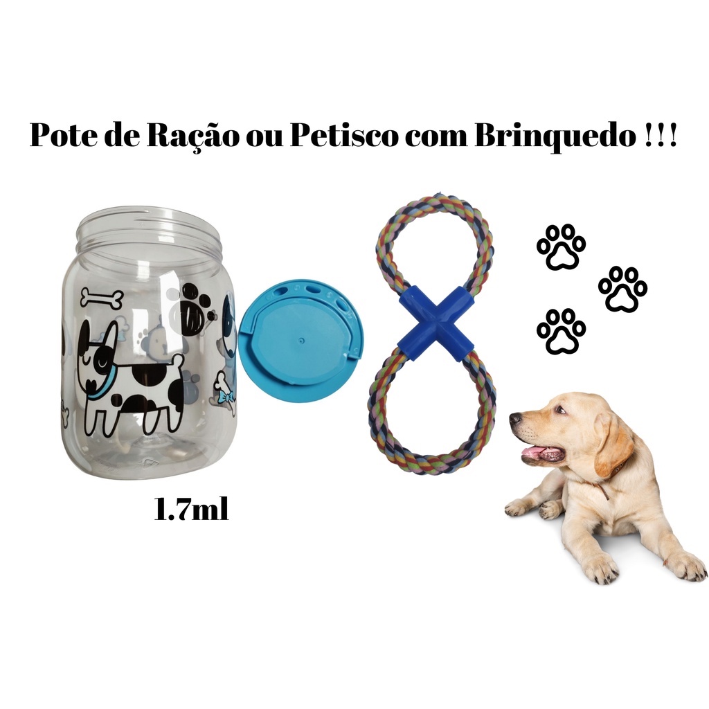 Pote de Ração ou Petisco Pequeno 1.7ml Tampa com Rosca e Alça cor Azul  –  Mais Mordedor em Cruz Azul, para Cachorro, Cães e Pet.