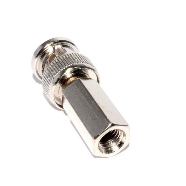 Conector BNC com rosca manual. RG59. Conexão Coaxial. Conector todo em metal. Pino fixo metálico.