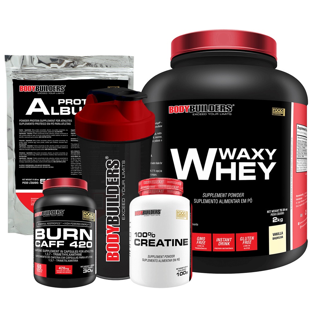 Kit Waxy Whey 2kg, Creatina 100% 100g, Burn Caff 60 Cápsulas, Albumina 500g, Coqueteleira - Bodybuilders