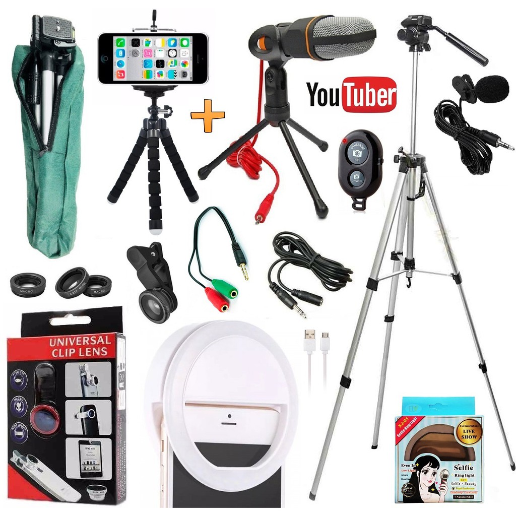Kit Youtuber Microfone Condensador Tripé Celular Iluminador Universal