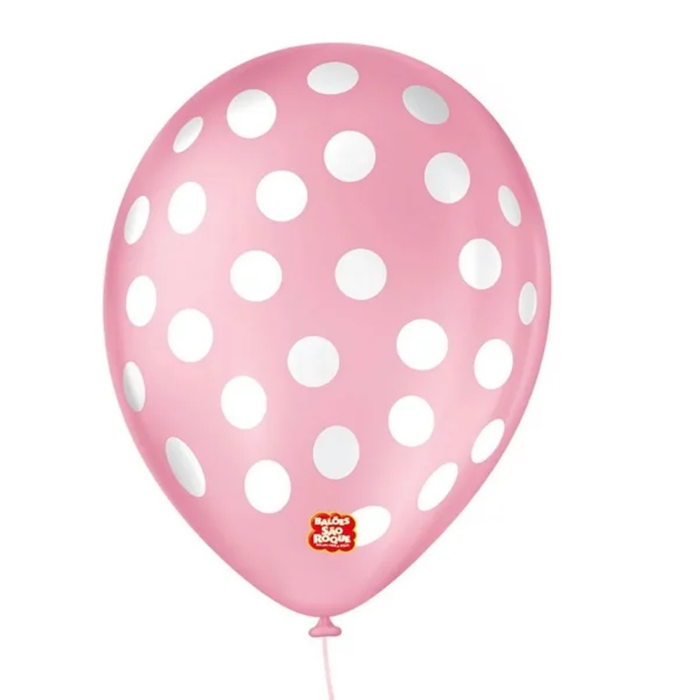 Balão Decorado Poá Bolinha - Rosa Baby e Branco 23cm - 25 Und