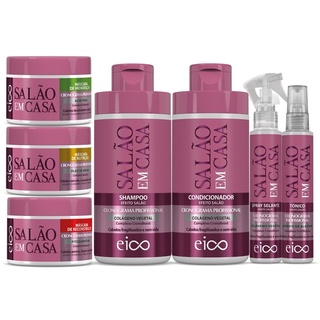Eico Salão Em Casa Cronograma Profissional Shampoo e Condicionador 450ml + Máscaras Hidratação + Spray Leave-in e Tônico