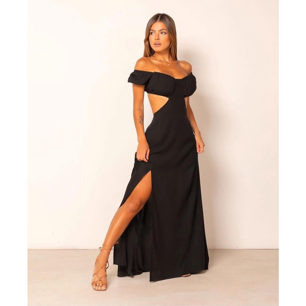 Vestido longo com fenda abertura lateral aberto dos lados com manga ...