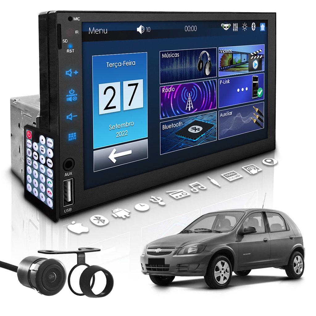 Central Multimídia Universal Mp5 Bt 1 Din 7 Espelha Dvd Câmera de Ré Gm Celta