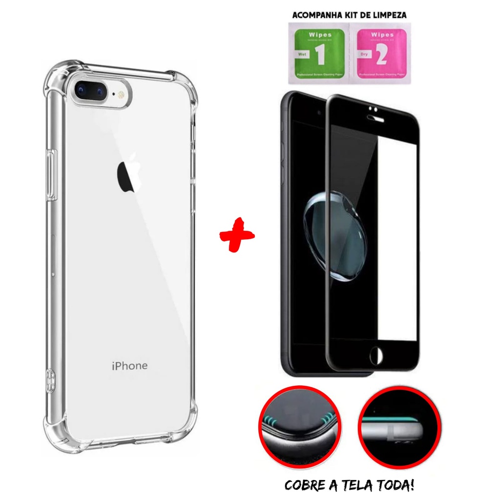 Kit Capinha Transparente Anti-Impacto  Para IPhone 7 Plus / IPhone 8 Plus + Película 3D de Vidro