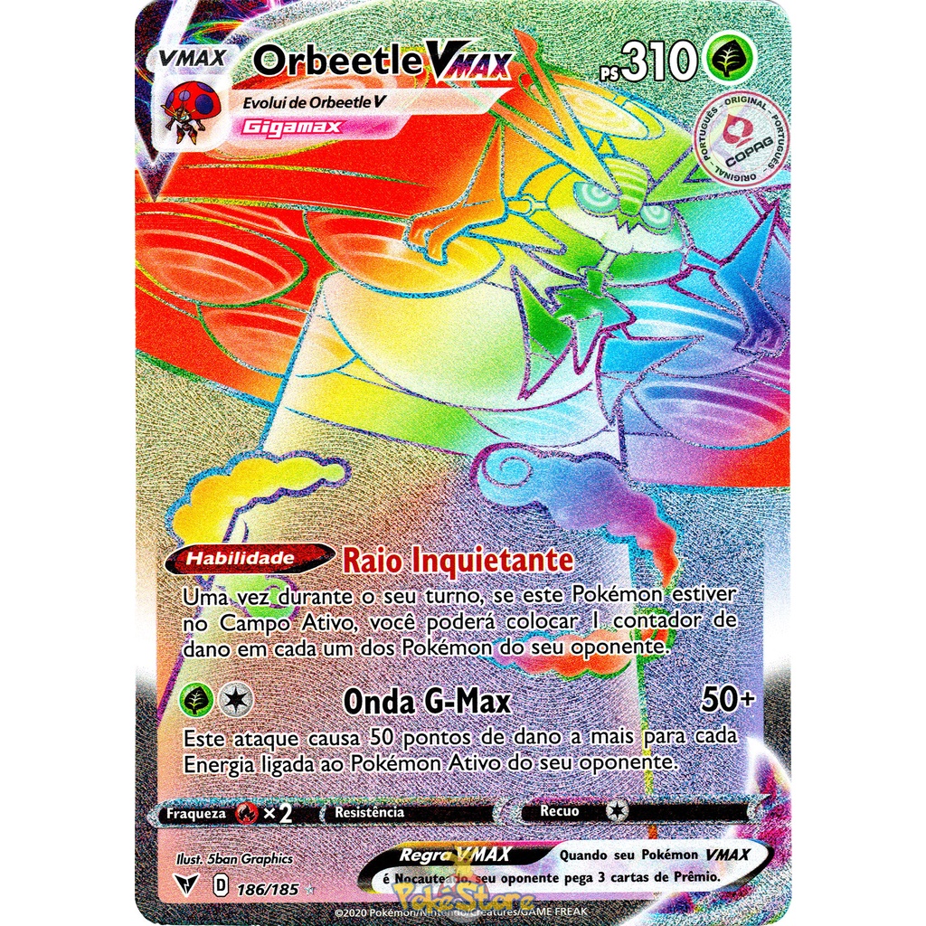 Carta Pokemon Orbeetle VMAX Português 21/185 186/185 Card Original Copag Rainbow