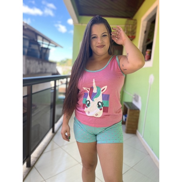 Pijama  Baby Doll Short Shortinho Unicórnio Verão Regata Feminino Adulto de Malha Algodão Temático Disney Confortável Lingerie Preço de Atacado